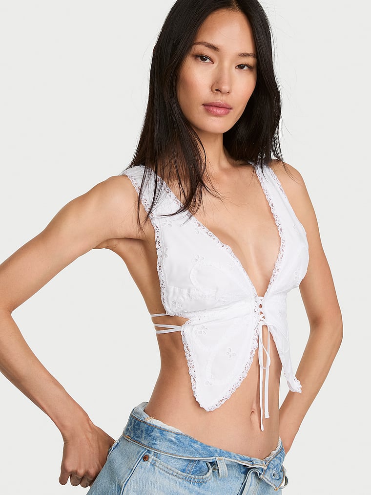 Victoria's Secret, Dream Angels Butterfly Eyelet Tie-Back Crop Top, VS White, onModelFront, 1 of 4
