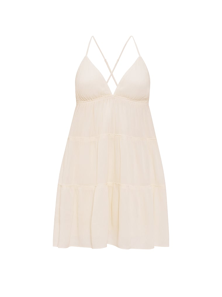 PINK Flirt Alert Tiered Mini Dress, Winter White, offModelFront, 3 of 3
