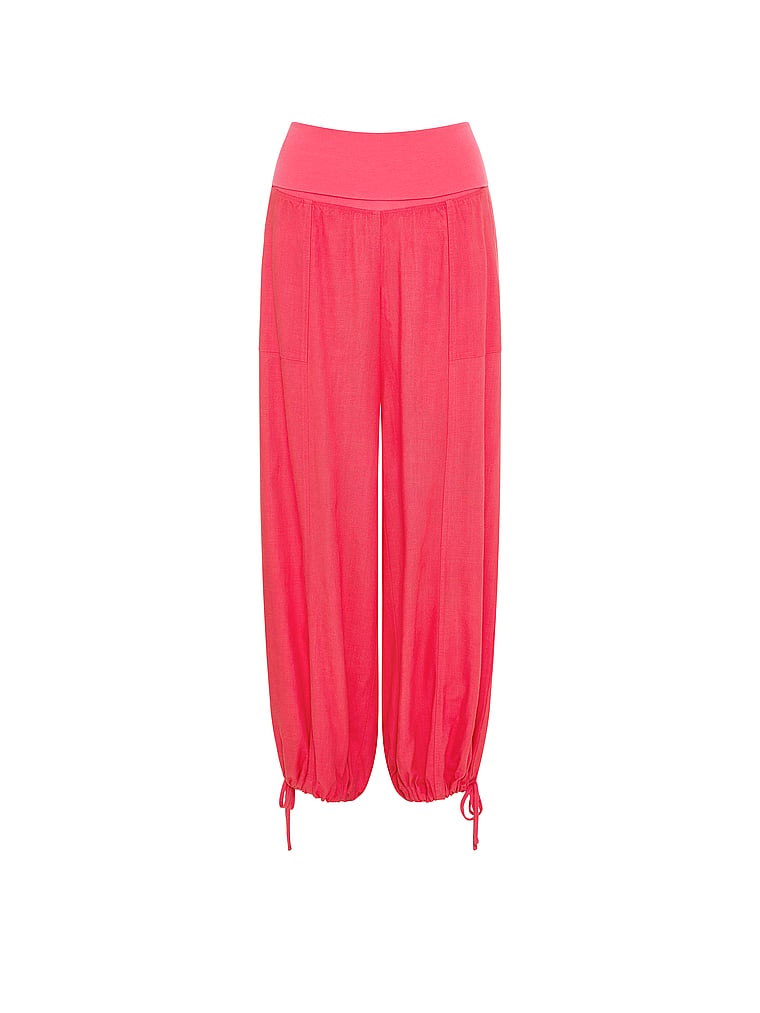 PINK Foldover Linen Jogger Pants, Candy Pink, offModelFront, 3 of 4