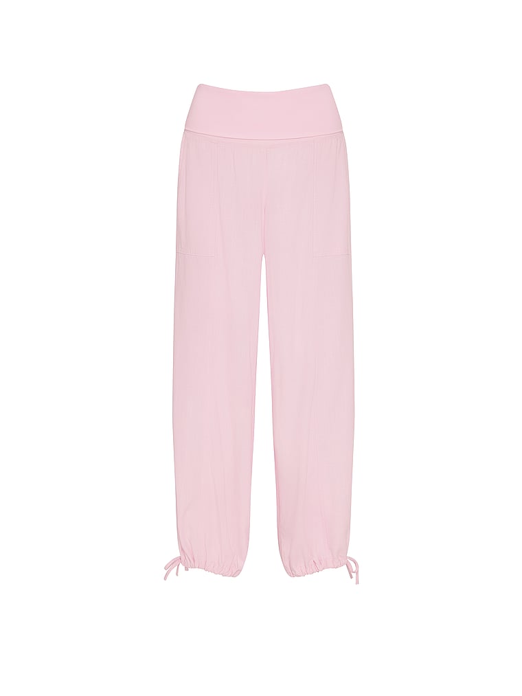 PINK Foldover Linen Jogger Pants, Pink Tulip, offModelFront, 3 of 4