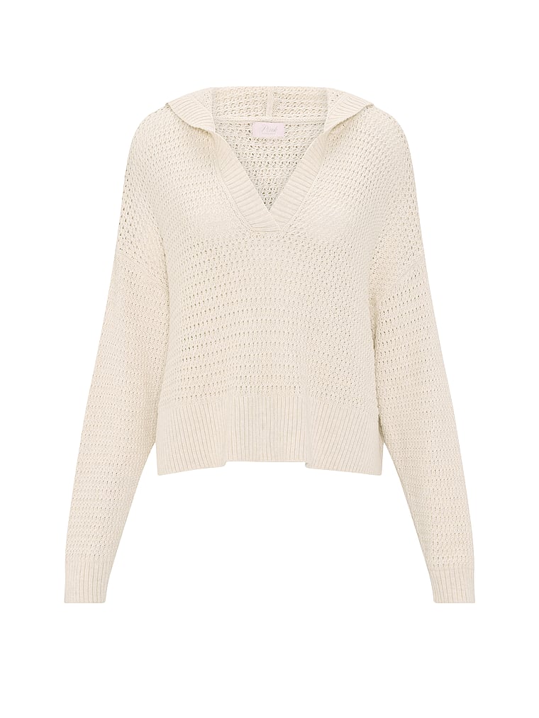 PINK Crochet V-Neck Hoodie, Natural Heather, offModelFront, 3 of 3