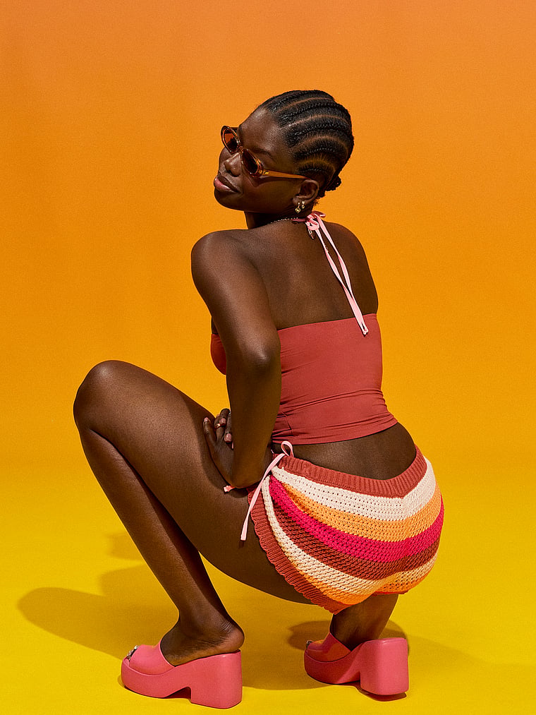 PINK Crochet Micro Shorts, Multi Stripes, onModelSide, 1 of 4 Fanta is 5'11" or 180cm and wears Medium