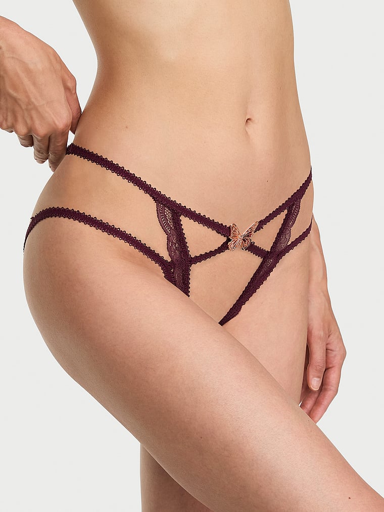 Victoria's Secret, Very Sexy Strappy Butterfly Hardware Peekaboo Cheeky Panty, Rich Maroon, onModelFront, 1 of 3