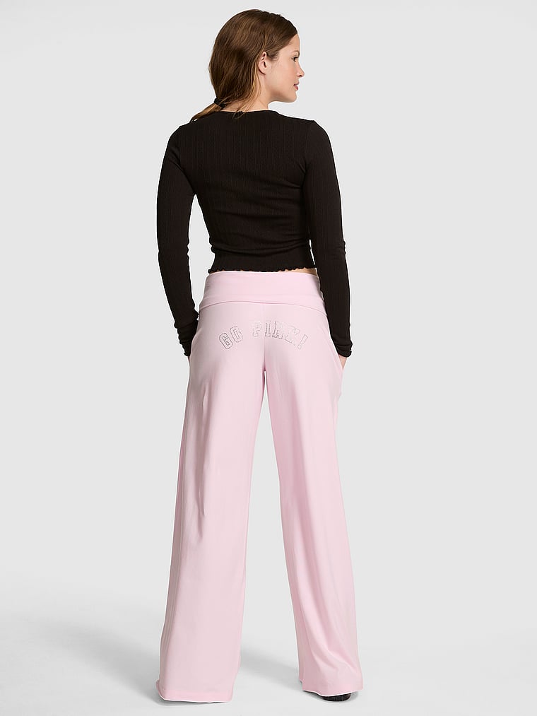 PINK All-Day Cotton™ Foldover Wide-Leg Pants, Pink Tulip, onModelBack, 2 of 3 Taylor is 5'8" or 173cm and wears Small