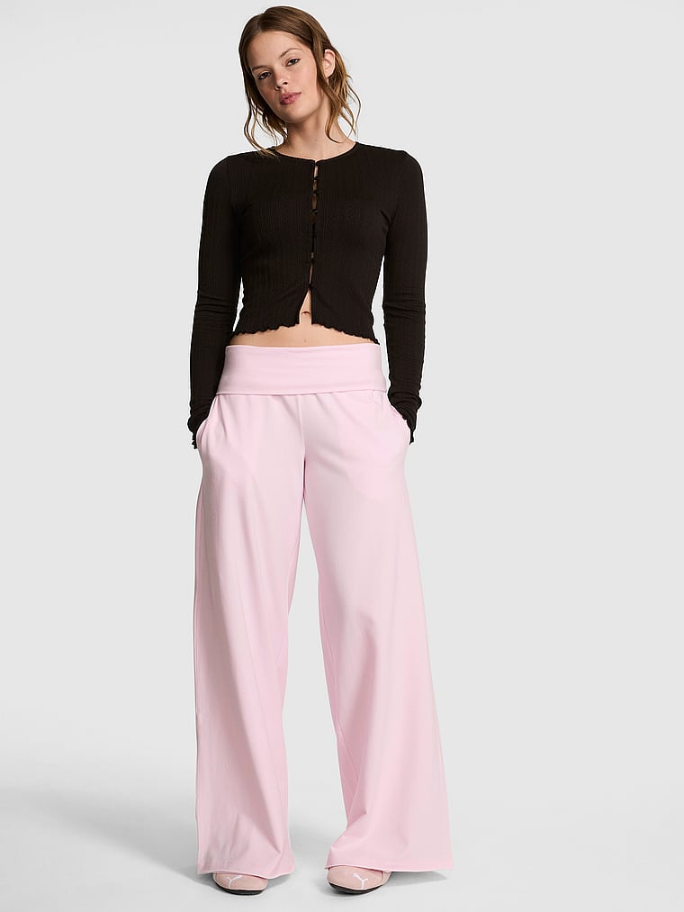 PINK All-Day Cotton™ Foldover Wide-Leg Pants, Pink Tulip, onModelFront, 1 of 3 Taylor is 5'8" or 173cm and wears Small