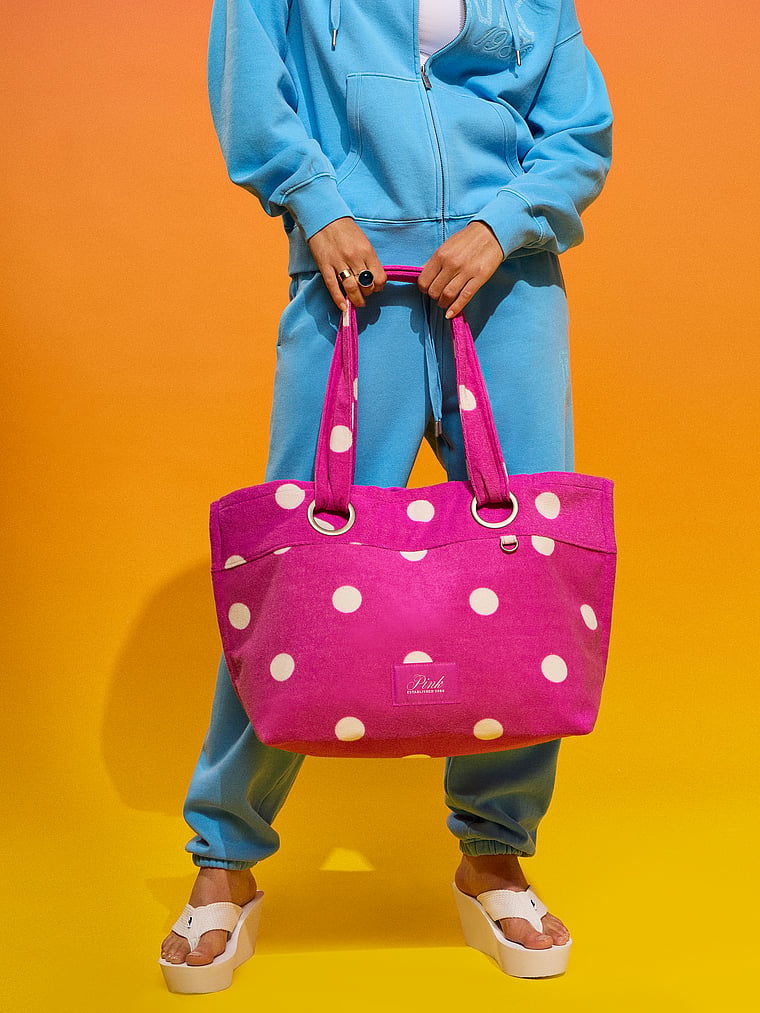 PINK Terry Tote Bag, Pink Heritage Dot, onModelSide, 3 of 4