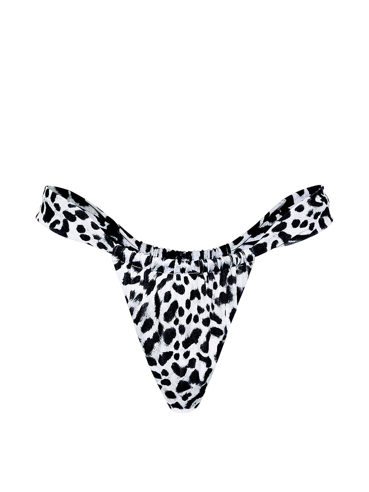 Victoria's Secret, Victoria's Secret Swim Adjustable Ruched Thong Bikini Bottom, Snow Leopard, offModelFront, 3 of 3