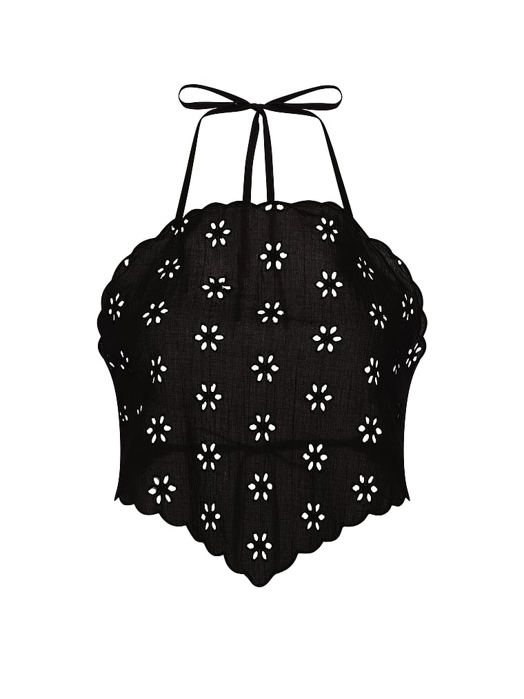 Victoria's Secret, Victoria's Secret Swim Beachwear Eyelet Handkerchief Halter Top, Black, offModelFront, 3 of 3