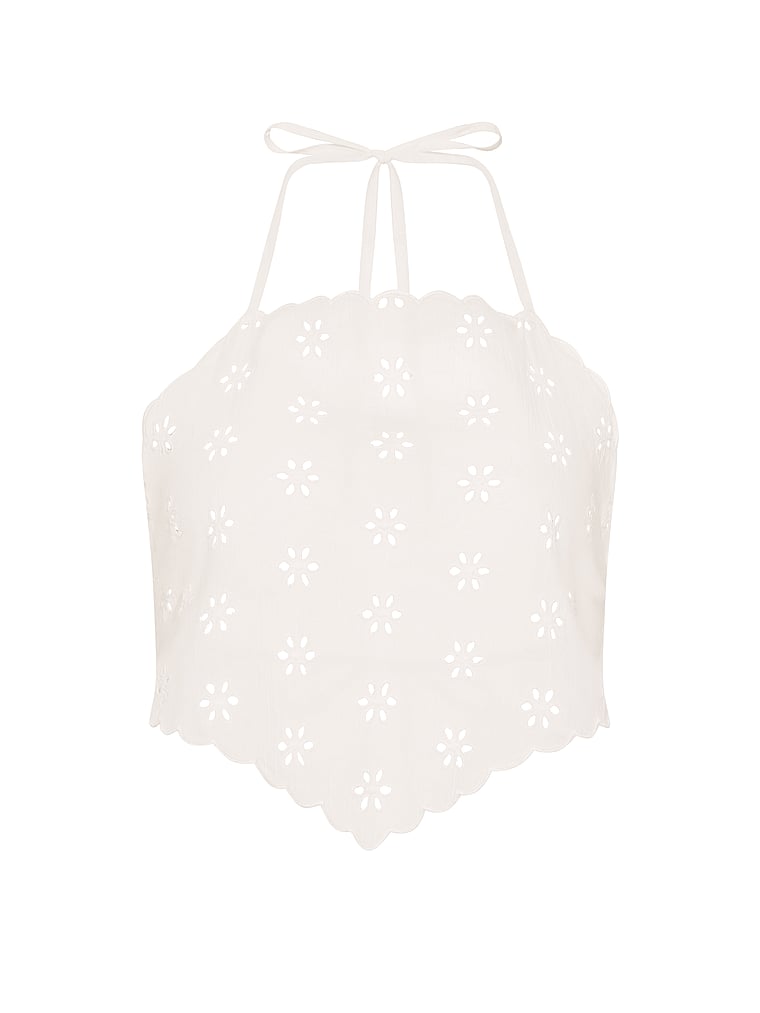Victoria's Secret, Victoria's Secret Swim Beachwear Eyelet Handkerchief Halter Top, White/Ivory, offModelFront, 3 of 3