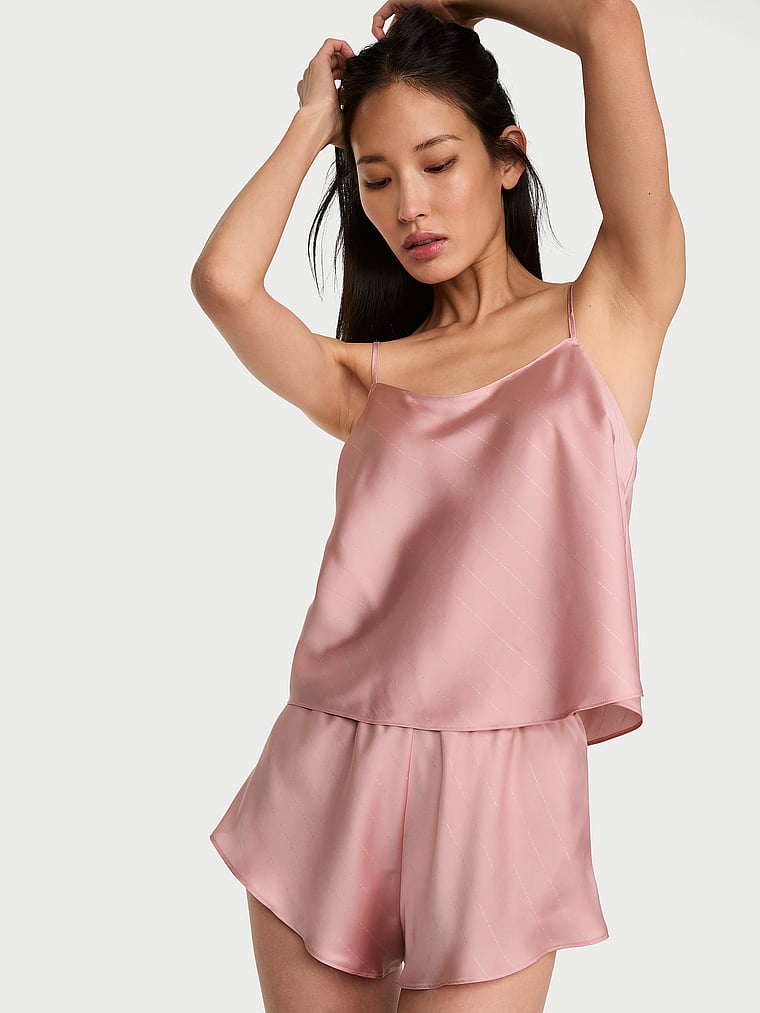 Victoria's Secret, Victoria's Secret Satin Open-Back Cami & Shorts Set, Chalk Rose, onModelFront, 1 of 3