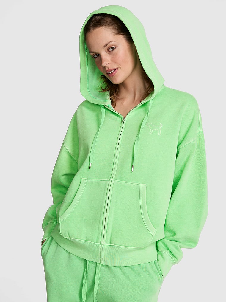 PINK Ivy Fleece Campus Full-Zip Hoodie, Graphic Green, onModelFront, 1 of 4 Taylor is 5'8" or 173cm and wears Small