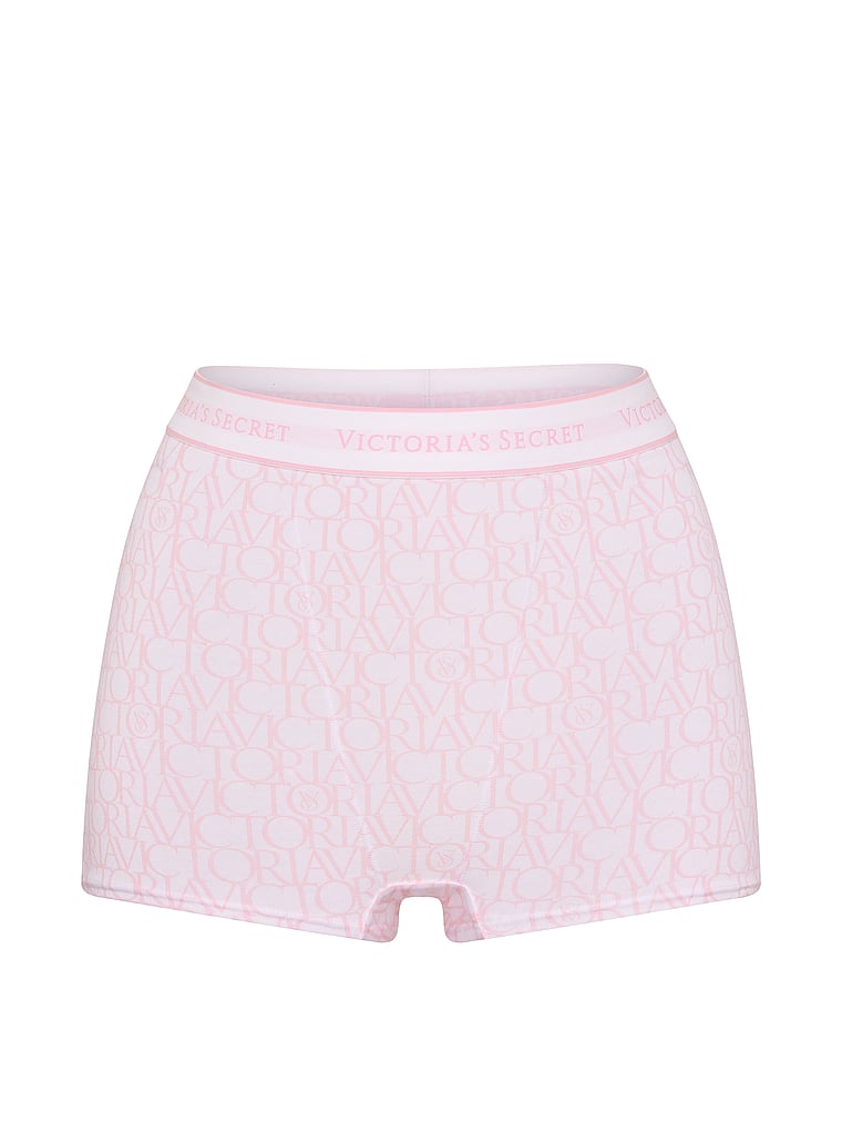 Victoria's Secret, Cotton Exploded Logo Cotton High-Waist Boyshort Panty, Pink Victoria Logos, offModelFront, 3 of 3