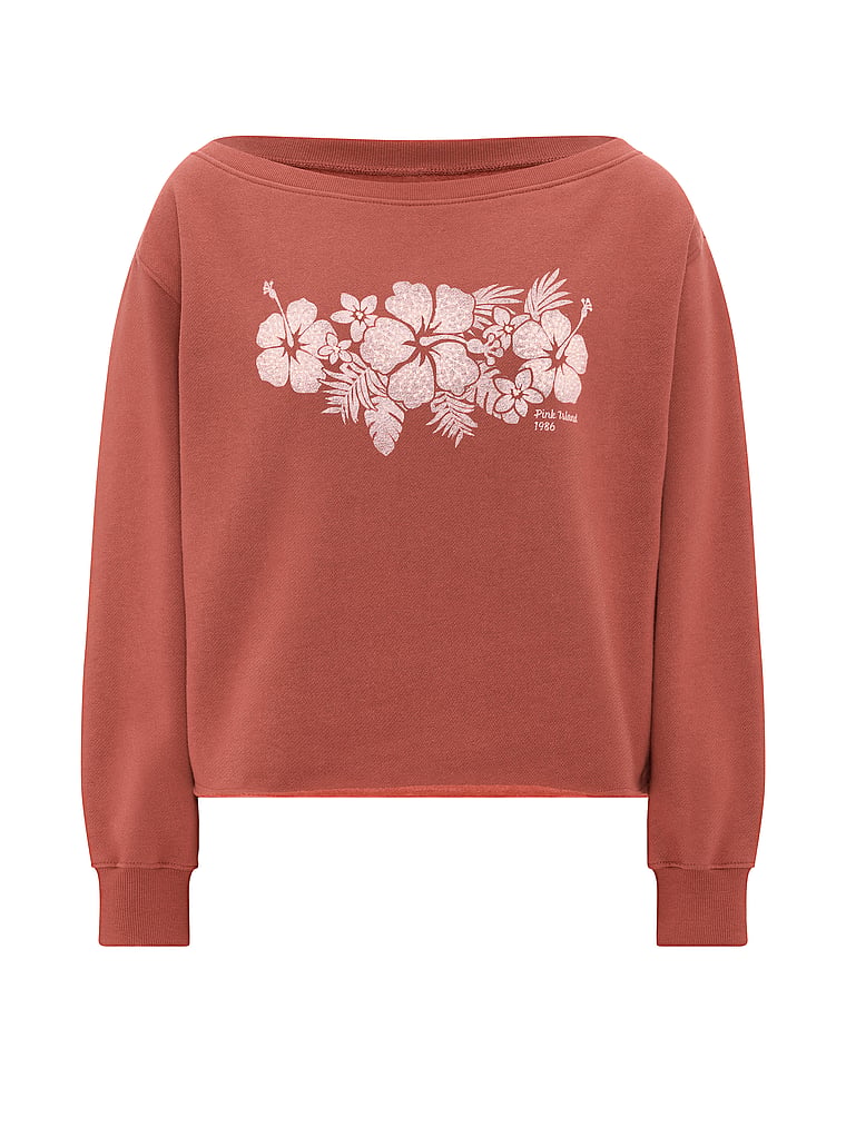PINK Campus Fleece™ Rib Off-The-Shoulder Sweatshirt, Clay Sunset, offModelFront, 3 of 4