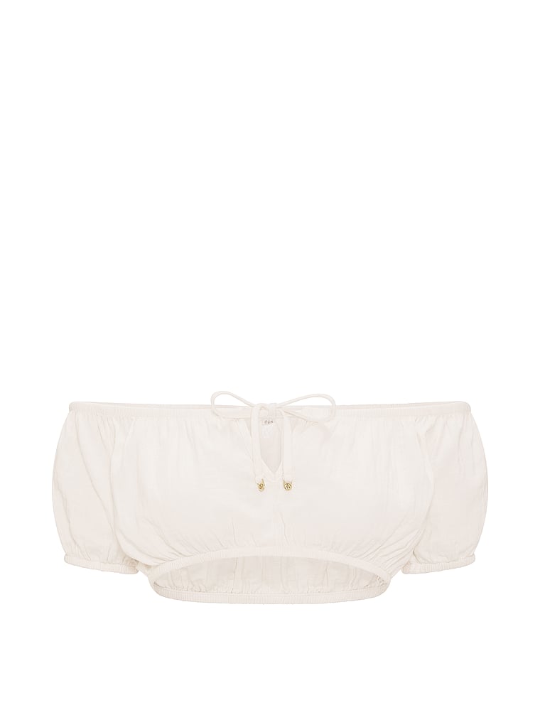 Victoria's Secret, Victoria's Secret Swim Beachwear Cotton Gauze Off-the-Shoulder Crop Top, White/Ivory, offModelFront, 3 of 3