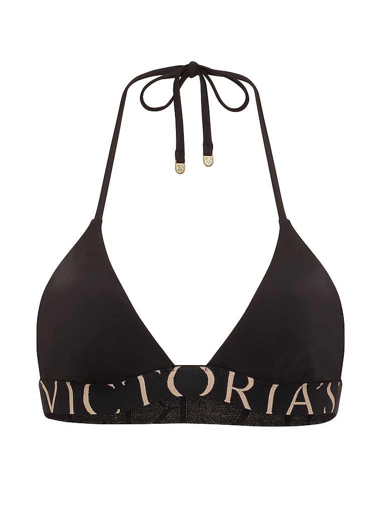 Victoria's Secret, Victoria's Secret Swim Exploded Logo Triangle Bikini Top, Pure Black, offModelFront, 3 of 3