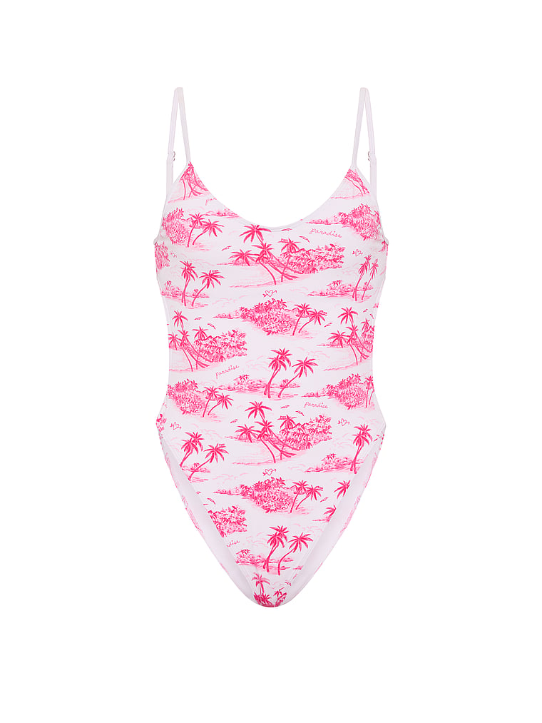 PINK SWIM Open-Back One-Piece Swimsuit, Tropical Toile Pink, offModelFront, 3 of 3