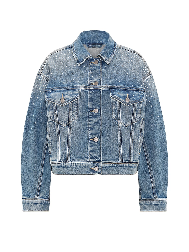 PINK Denim by PINK Boyfriend Trucker Jacket, Denim Diamante, offModelFront, 3 of 4