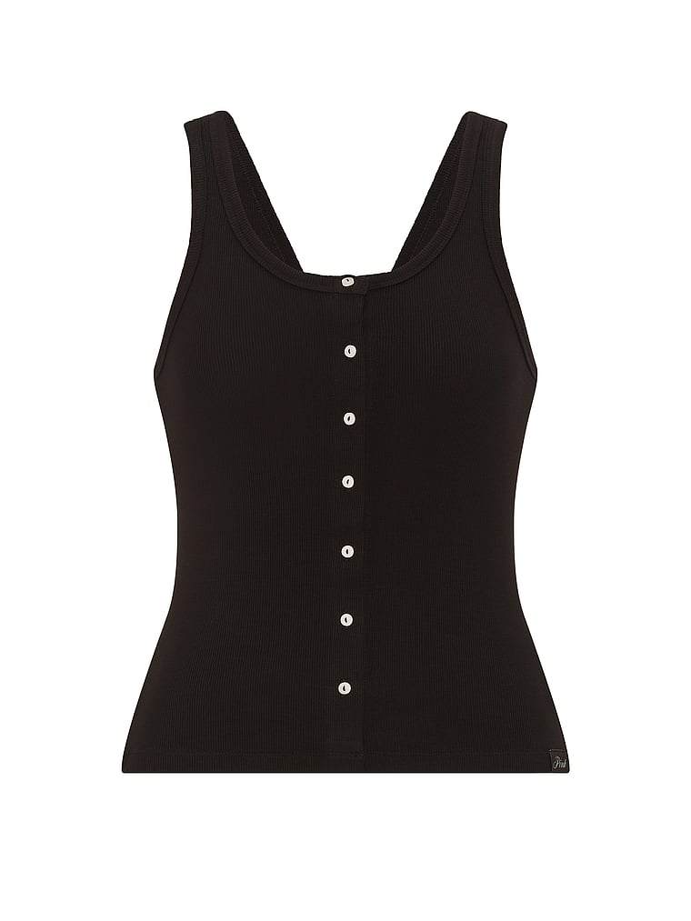PINK Relaxed Rib Button-Down Tank Top, Pure Black, offModelFront, 3 of 3