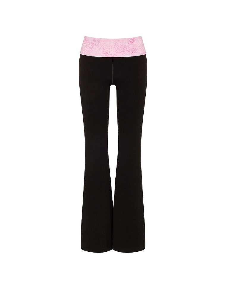 PINK All-Day Cotton™ Foldover Super Flare Leggings, Black and Pink Leopard Bling, offModelFront, 3 of 3