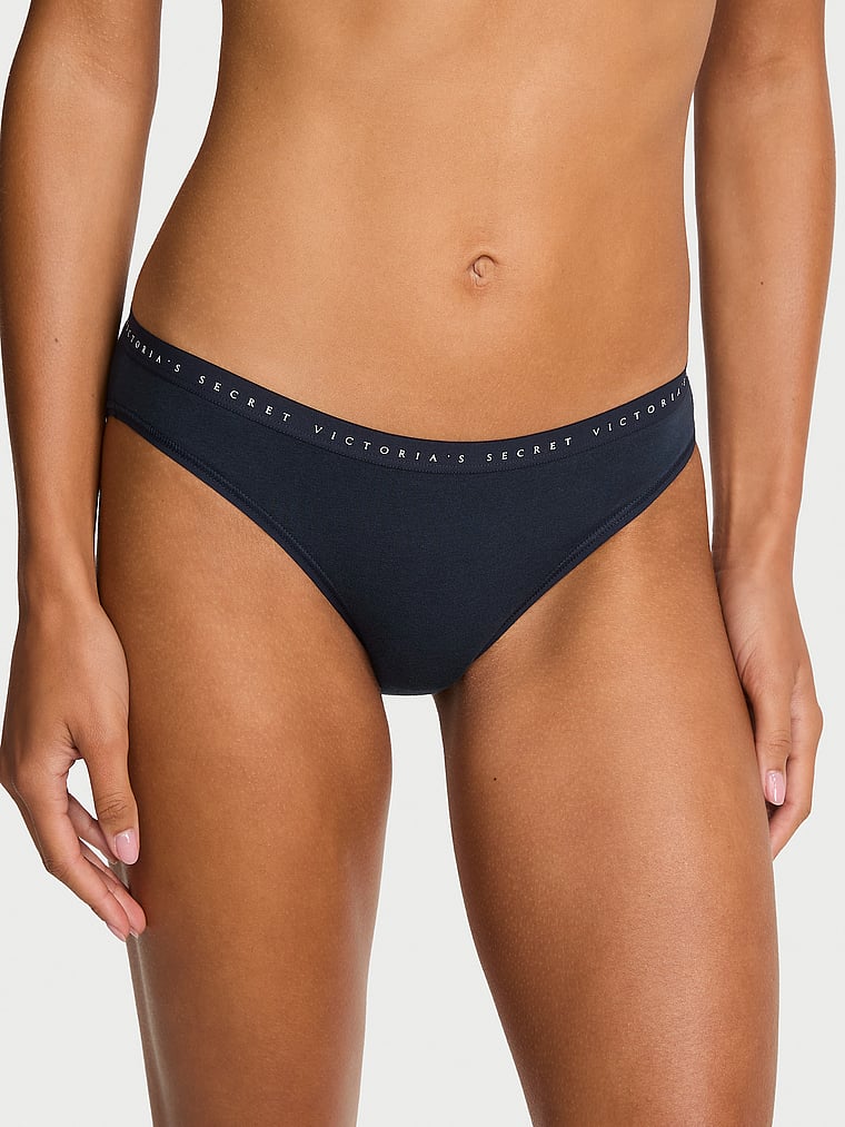 Victoria's Secret, Victoria's Secret Body by Victoria Stretch Cotton Lace-Waist Bikini Panty, Noir Navy, onModelFront, 1 of 3
