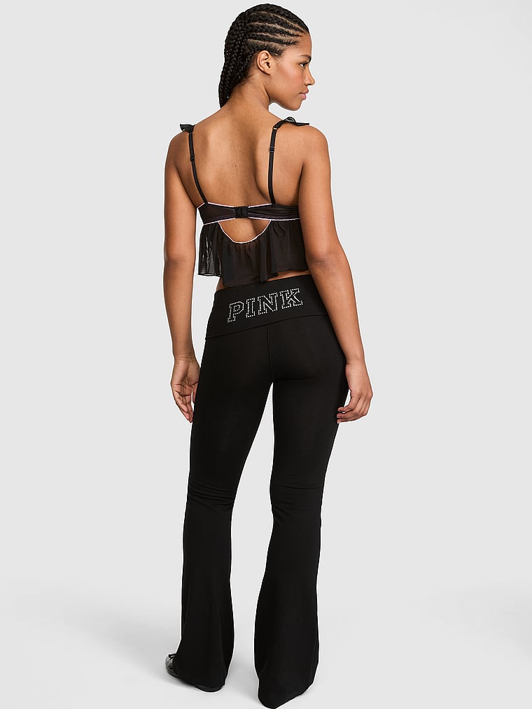 PINK All-Day Cotton™ Foldover Flare Leggings, Pure Black Diamanté, onModelBack, 2 of 3