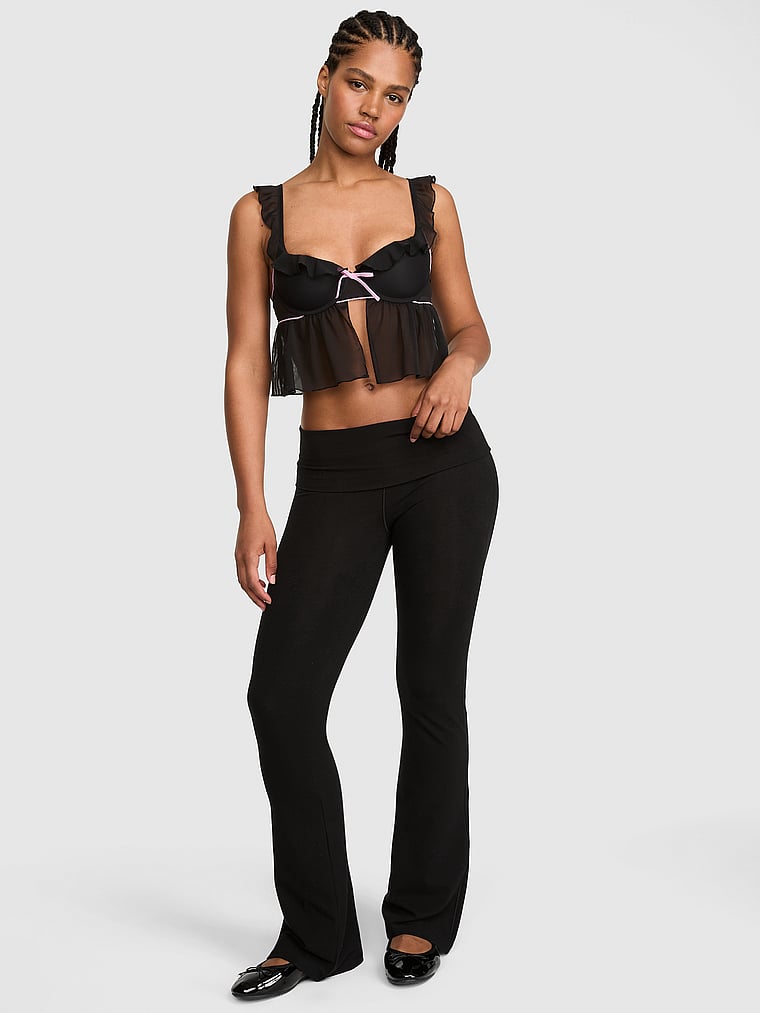 PINK All-Day Cotton™ Foldover Flare Leggings, Pure Black Diamanté, onModelFront, 1 of 3