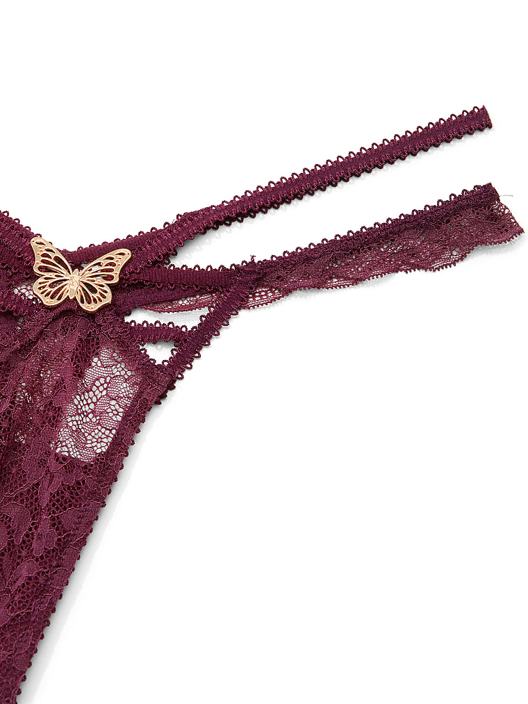 Victoria's Secret, Very Sexy Rose Lace Butterfly Hardware Thong Panty, Rich Maroon, detail, 4 of 4