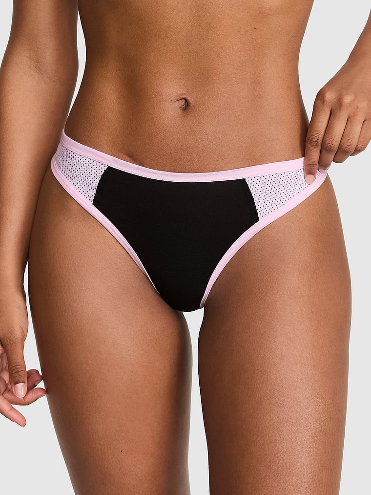 PINK Cotton High-Leg Thong Panty, Black with Pink Tulip Trim, onModelFront, 1 of 3
