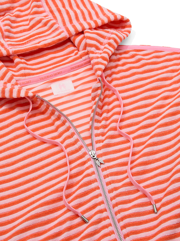Victoria's Secret, Angel Essentials Micro Terry Full-Zip Hoodie, Crazin Coral Stripe, detail, 4 of 4