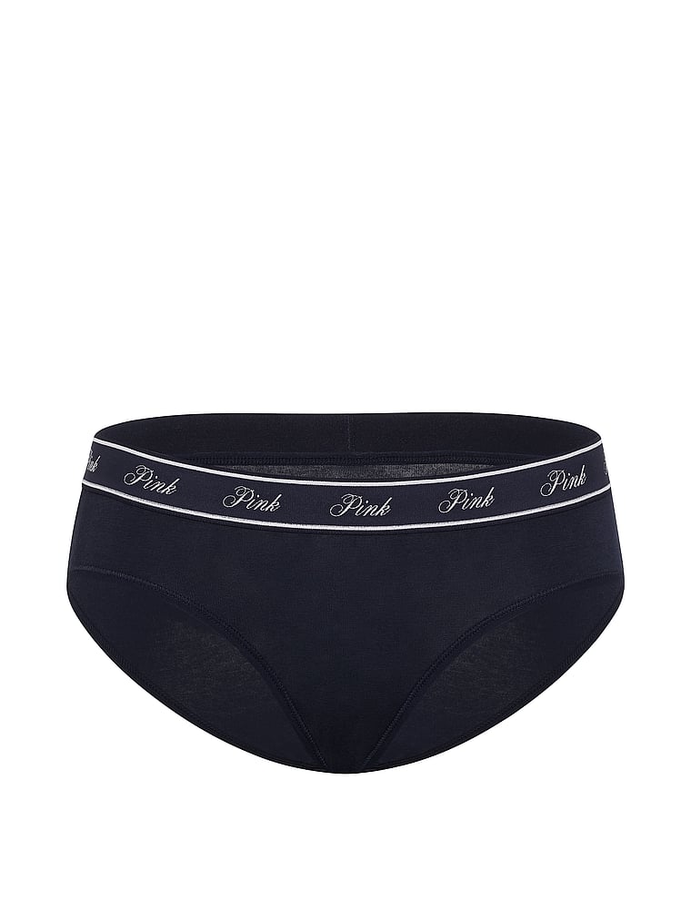 PINK Logo Cotton Hiphugger Panty, Noir Navy With Team Pink Butt Graphic, offModelFront, 3 of 3