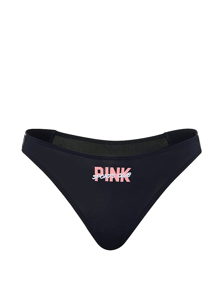 PINK Logo Cotton Scoop Thong Panty, Noir Navy With Pink Sport Club Graphic, offModelFront, 3 of 3