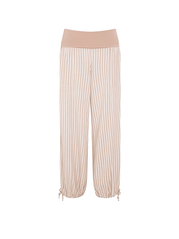 PINK Foldover Linen Jogger Pants, Beige Sand Stripes, offModelFront, 3 of 3