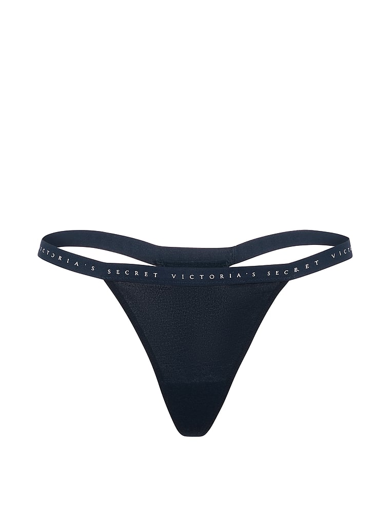 Victoria's Secret, Victoria's Secret Cotton Lace-Trim V-String Panty, Noir Navy, offModelFront, 3 of 3