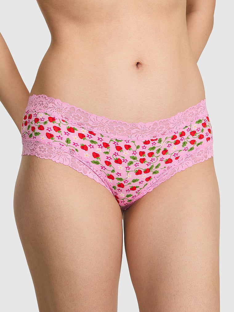 PINK PINK Wink™ Lace-Trim Cotton Cheeky Panty, Pink Lollipop Strawberry, onModelFront, 1 of 3