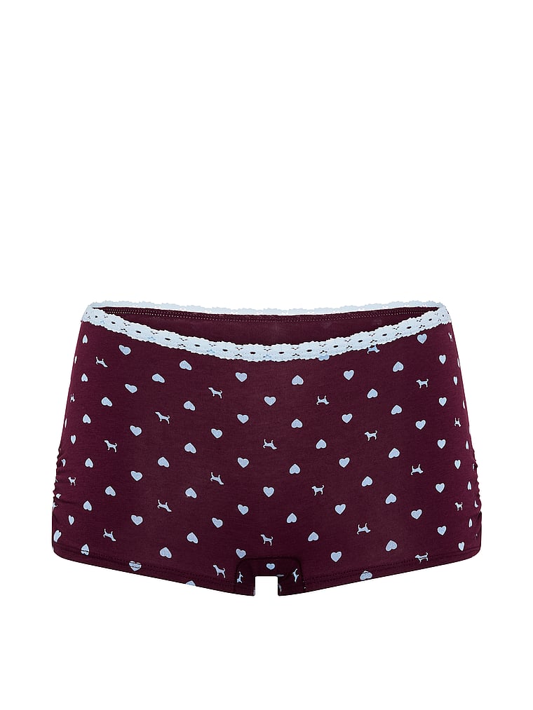 PINK Cotton Dorm Boyshort Panty, Wild Rose Heart Dog with Blue Dancer Lace, offModelFront, 3 of 3