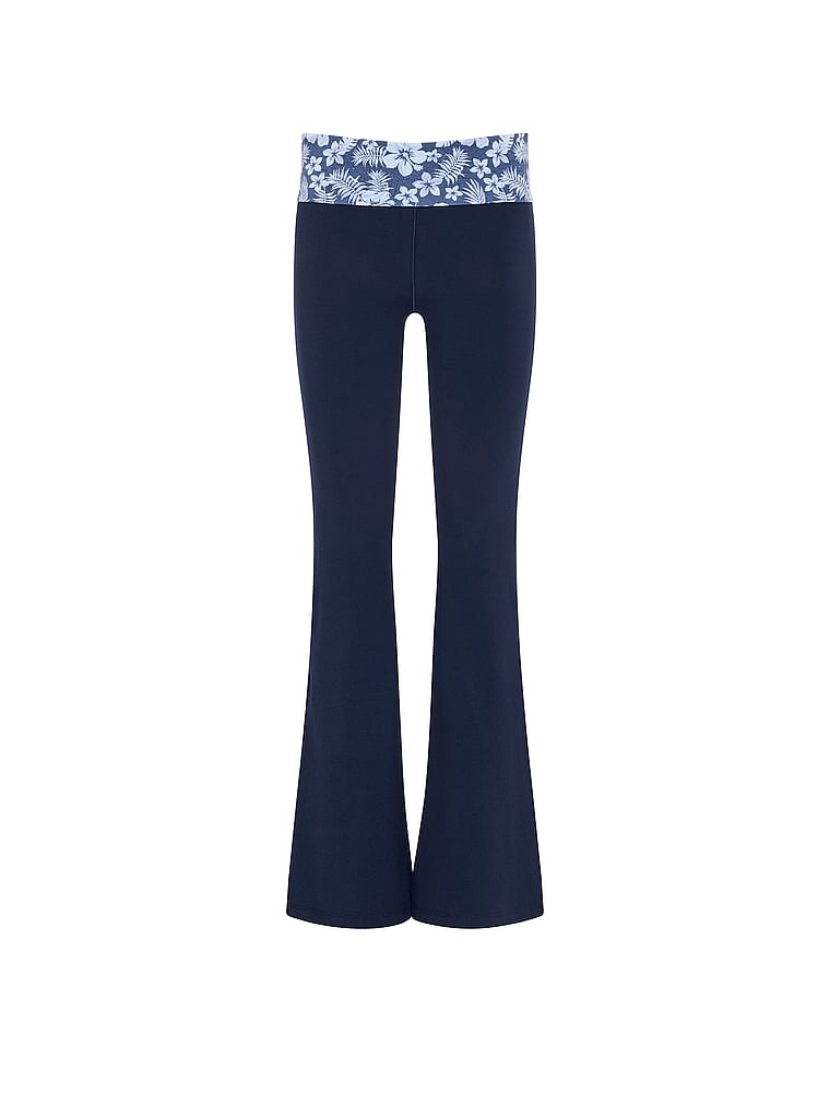 PINK All-Day Cotton™ Foldover Flare Leggings, Noir Navy Blue Floral, offModelFront, 4 of 4