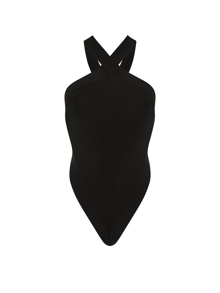 Victoria's Secret, Very Sexy Knit Halter Open-Back Bodysuit, Black, offModelFront, 3 of 3
