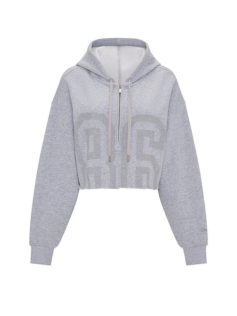 PINK Campus Fleece™ Cropped Half-Zip Hoodie, Heather Grey, offModelFront, 3 of 3