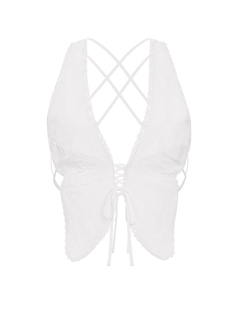 Victoria's Secret, Dream Angels Butterfly Eyelet Tie-Back Crop Top, VS White, offModelFront, 3 of 4