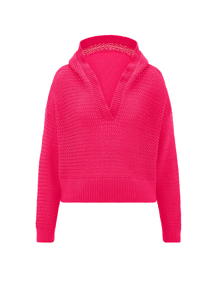 PINK Crochet V-Neck Hoodie, Candy Pink, offModelFront, 4 of 4