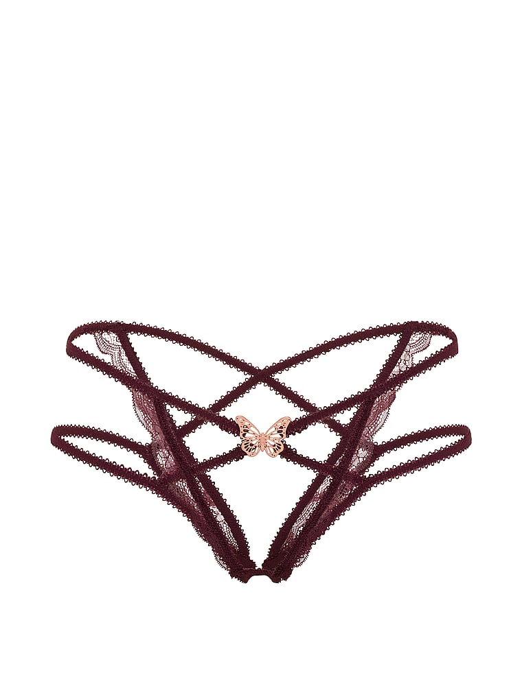 Victoria's Secret, Very Sexy Strappy Butterfly Hardware Peekaboo Cheeky Panty, Rich Maroon, offModelFront, 3 of 3