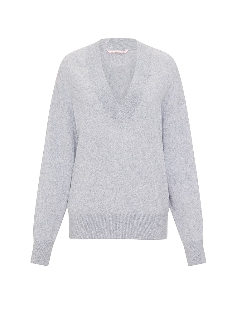 Victoria's Secret, Victoria's Secret Luxe Knit Oversized V-Neck Sweater, Medium Heather Grey, offModelFront, 3 of 3