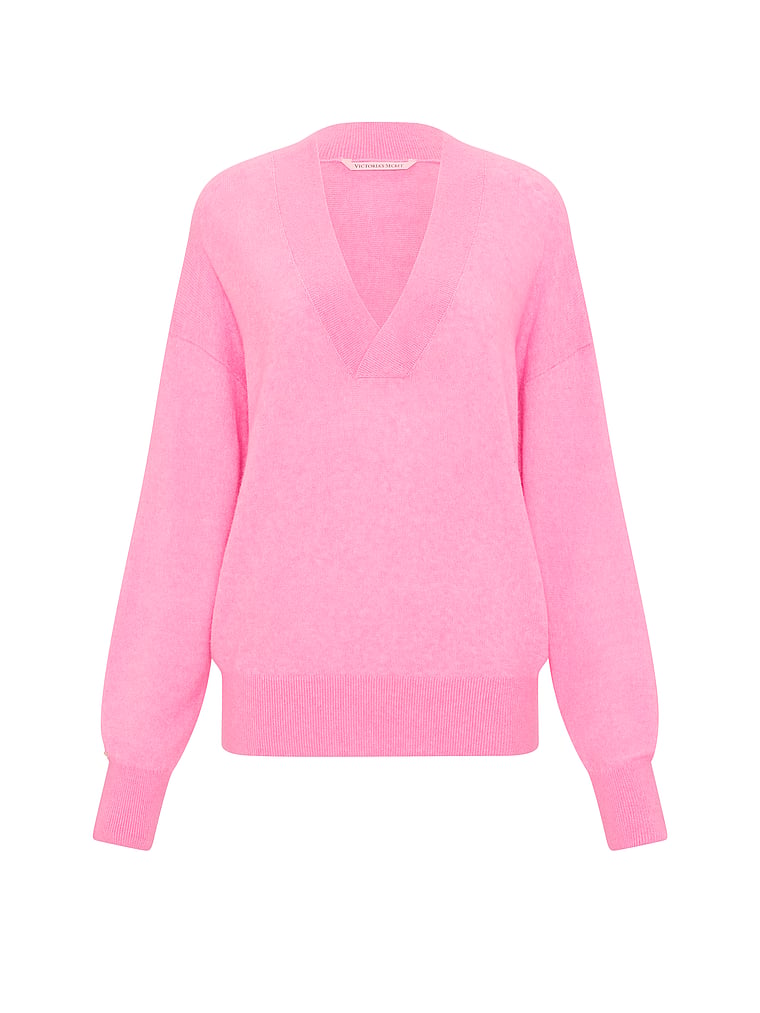 Victoria's Secret, Victoria's Secret Luxe Knit Oversized V-Neck Sweater, Pink Sugar, offModelFront, 3 of 3