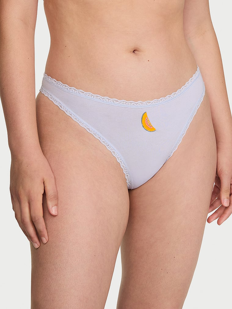 Victoria's Secret, Lace Trim Cotton Lace-Trim Thong Panty, Belle Flower Blue Mango, onModelFront, 1 of 3