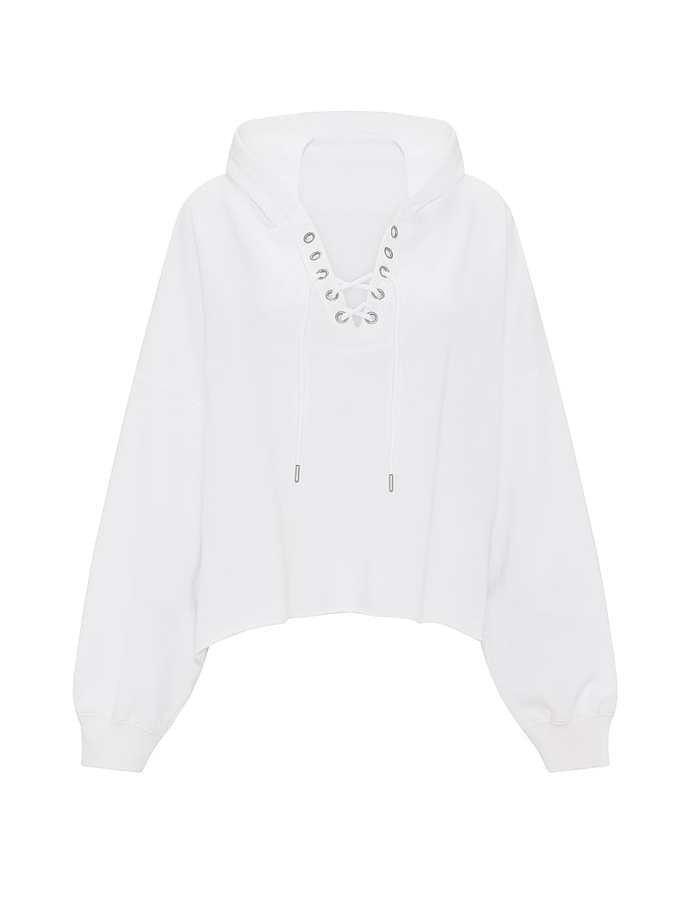 PINK Campus Terry™ Lace-Up Tunic Hoodie, White, offModelFront, 3 of 3