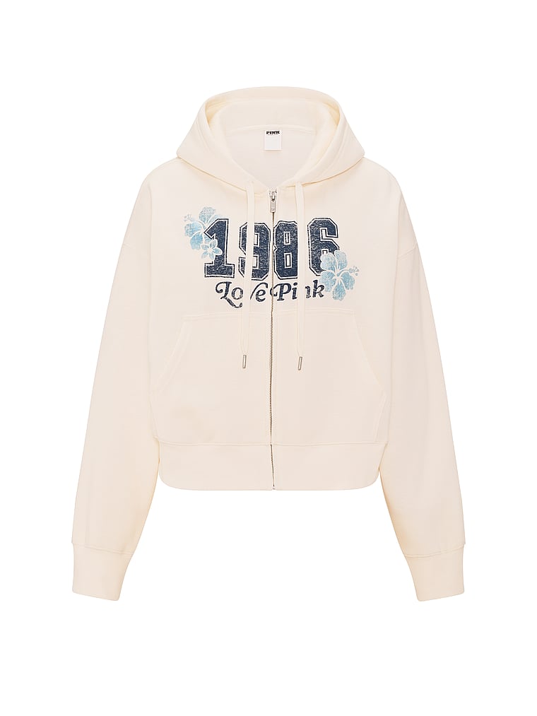PINK Campus Fleece™ Shrunken Full-Zip Hoodie, Winter White Sunset, offModelFront, 3 of 4