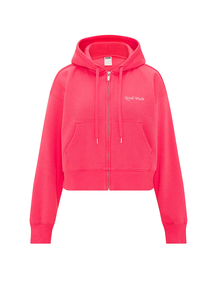 PINK Campus Fleece™ Shrunken Full-Zip Hoodie, Candy Pink Sunset, offModelFront, 4 of 5