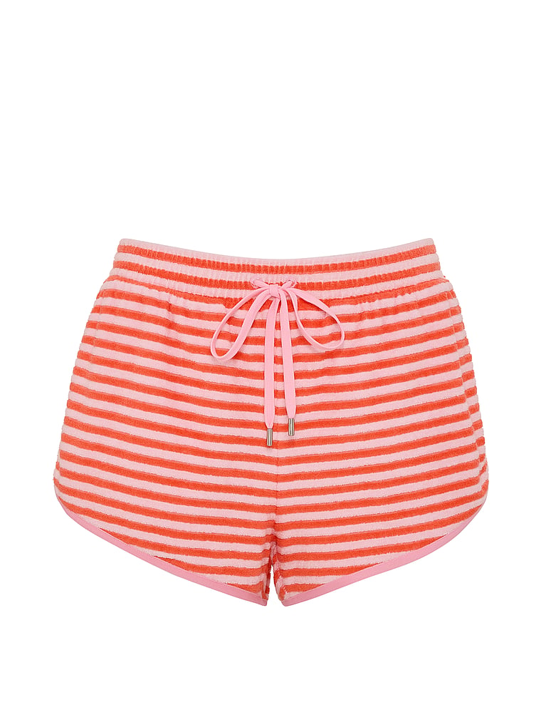 Victoria's Secret, Angel Essentials Micro Terry Curved Hem Short, Crazin Coral Stripe, offModelFront, 3 of 4