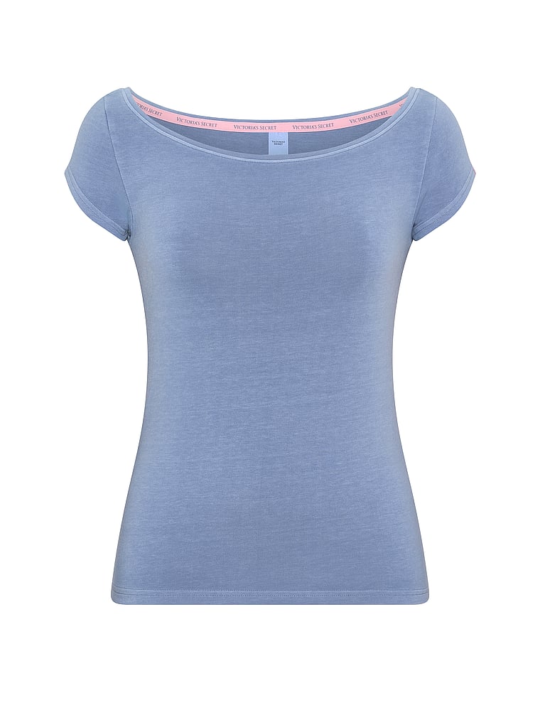 Victoria's Secret, Angel Essentials Stretch Cotton Fitted Boatneck Tee, Washed Moonlight Blue, offModelFront, 3 of 3