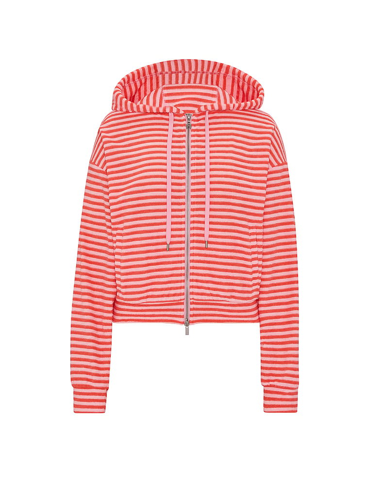 Victoria's Secret, Angel Essentials Micro Terry Full-Zip Hoodie, Crazin Coral Stripe, offModelFront, 3 of 4